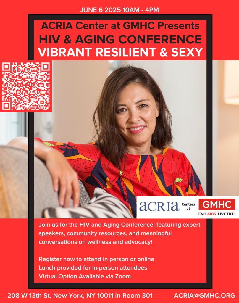 Poster for HIV and Aging conference with older Asian American woman looking forward and smiling, wearing a red blouse.